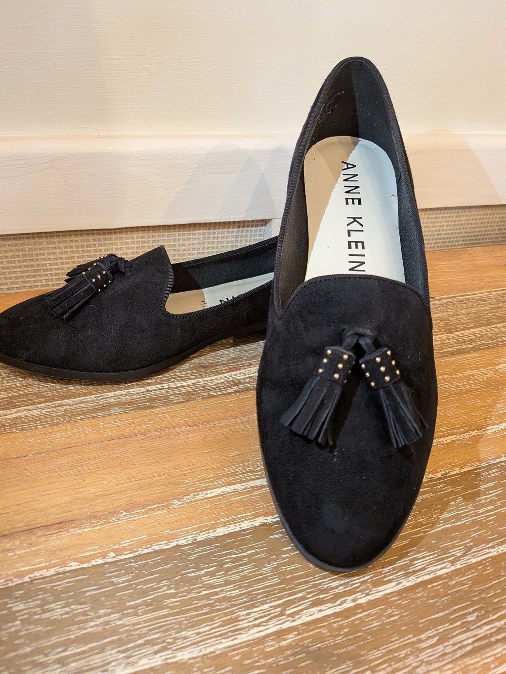 Anne Klein Iflex Black Suede Tassel Loafers with Gold Studs